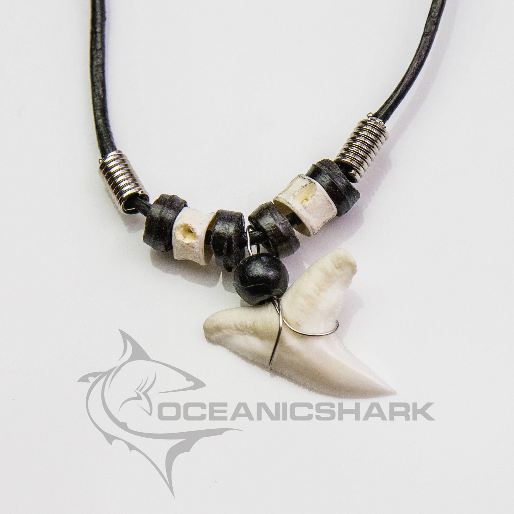 JewelryVolt Adjustable Black String Necklace w/Abalone Shark Tooth for Men  Women