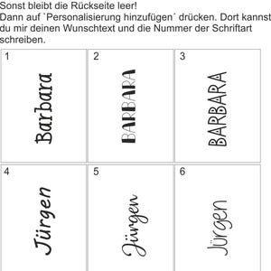 May include: A white background with six text samples. The text samples display the names "Barbara" and "J&uuml;rgen" in various fonts. Instructions in German are at the top and bottom of the image, guiding the user on font selection and personalization.
