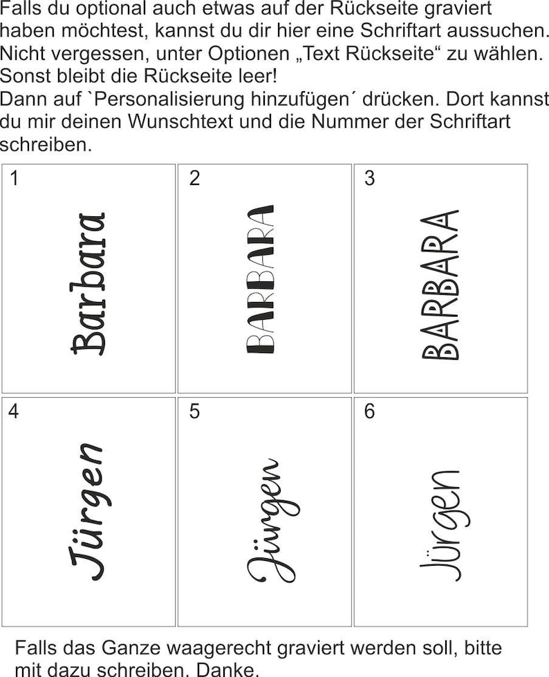 May include: A white background with six text samples. The text samples display the names "Barbara" and "J&uuml;rgen" in various fonts. Instructions in German are at the top and bottom of the image, guiding the user on font selection and personalization.