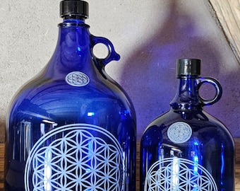 5L or 2L blue glass bottle with handle, Flower of Life design, carafe, energy