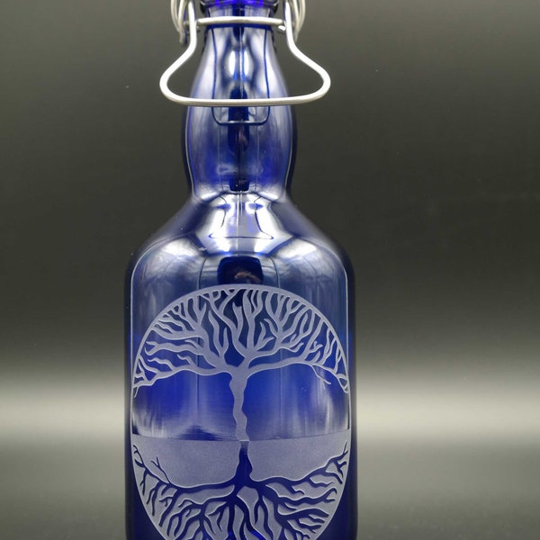 0,75L blaue Glasflasche - Lebensbaum