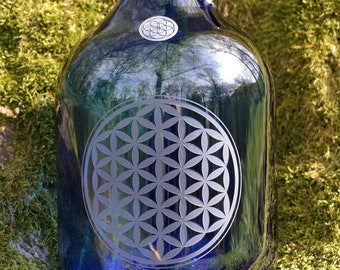 5L ou 2L poignée bouteille verre bleu, fleur de vie, pichet d’eau, carafe, énergie