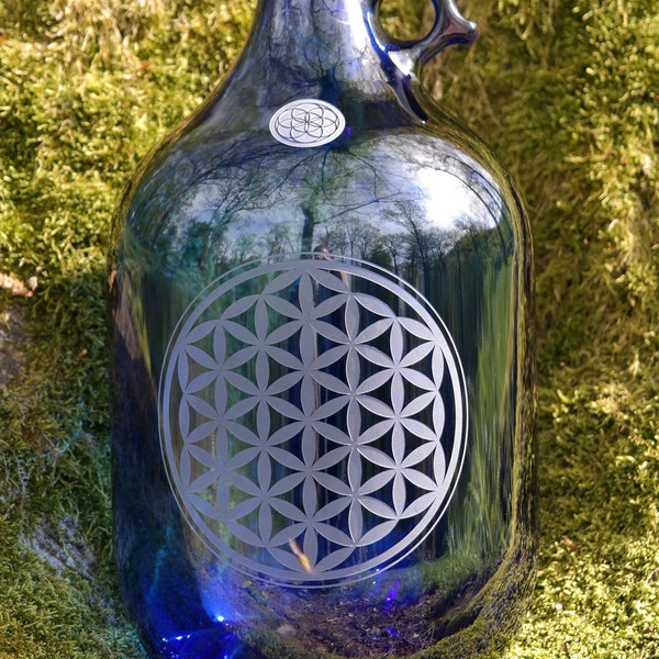 5L ou 2L poignée bouteille verre bleu, fleur de vie, pichet d’eau, carafe, énergie