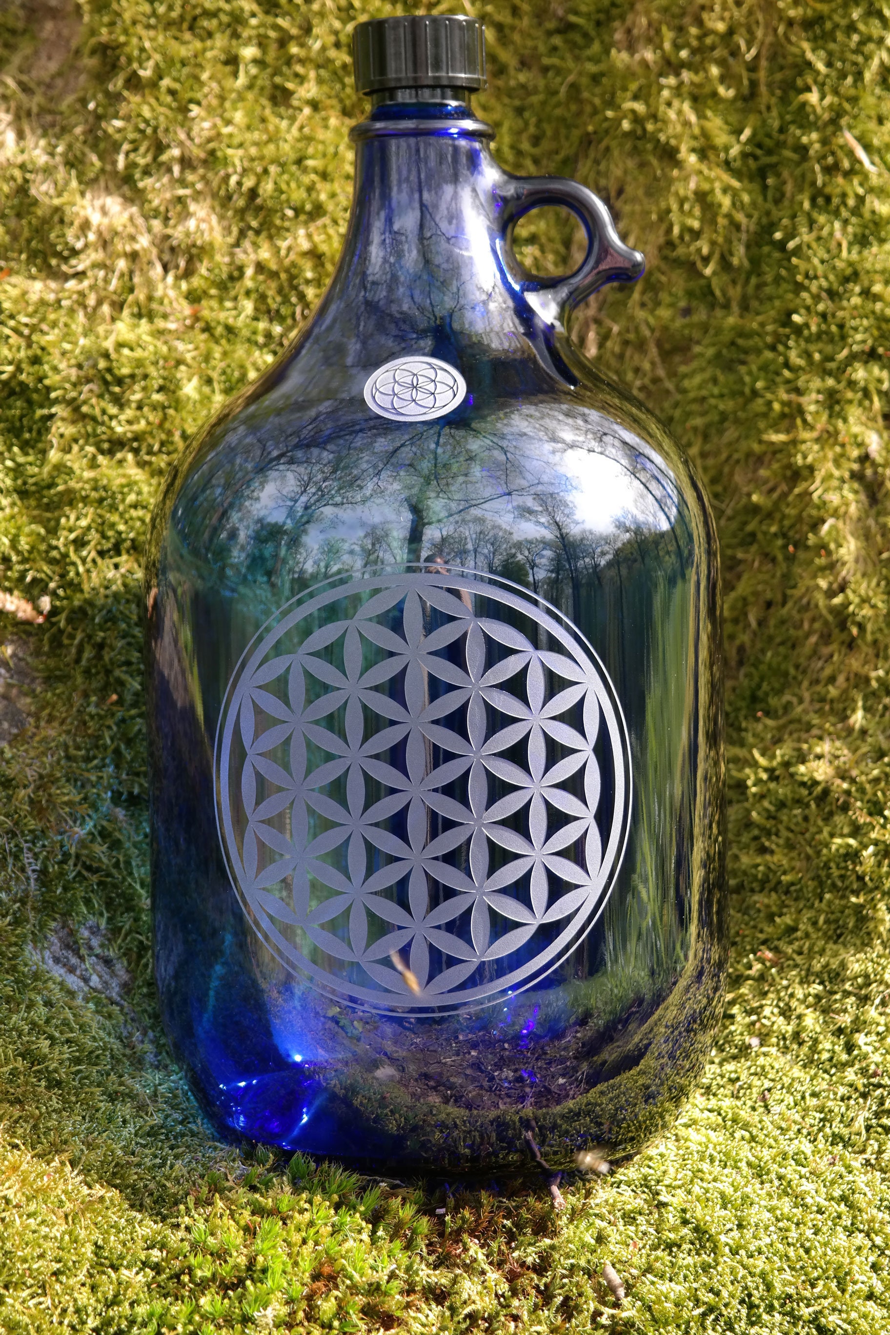5L or 2L handle bottle blue glass, flower of life, water jug, carafe, energy