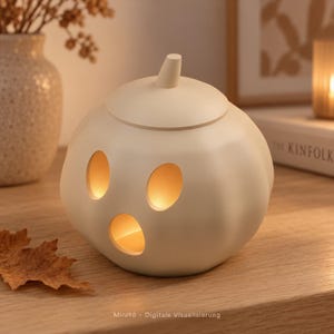 Può includere: Una lanterna in ceramica color crema a forma di zucca con una finitura liscia. L'oggetto presenta tre aperture ritagliate che ricordano un volto sorpreso, illuminate dall'interno da una luce calda e soffusa.