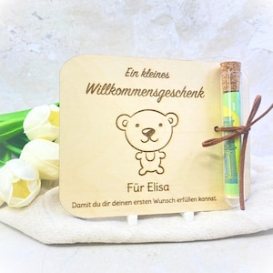 Geldgeschenk Geburt mit Name • Holzkarte mit Bärchen & Reagenzglas • Willkommensgeschenk Baby • Geschenk zur Taufe oder Babyparty