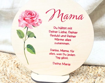 Personalisiertes Muttertagsgeschenk Mama | Spruch & Blumenmotiv | Geschenk Oma Holzschild mit Standfuß | Deko Aufsteller Geburtstag