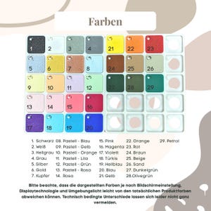 May include: A color chart labeled "Farben" with 29 color swatches in various shades, including black, white, gray, gold, and pink. The chart also includes text in German describing the colors and potential variations.