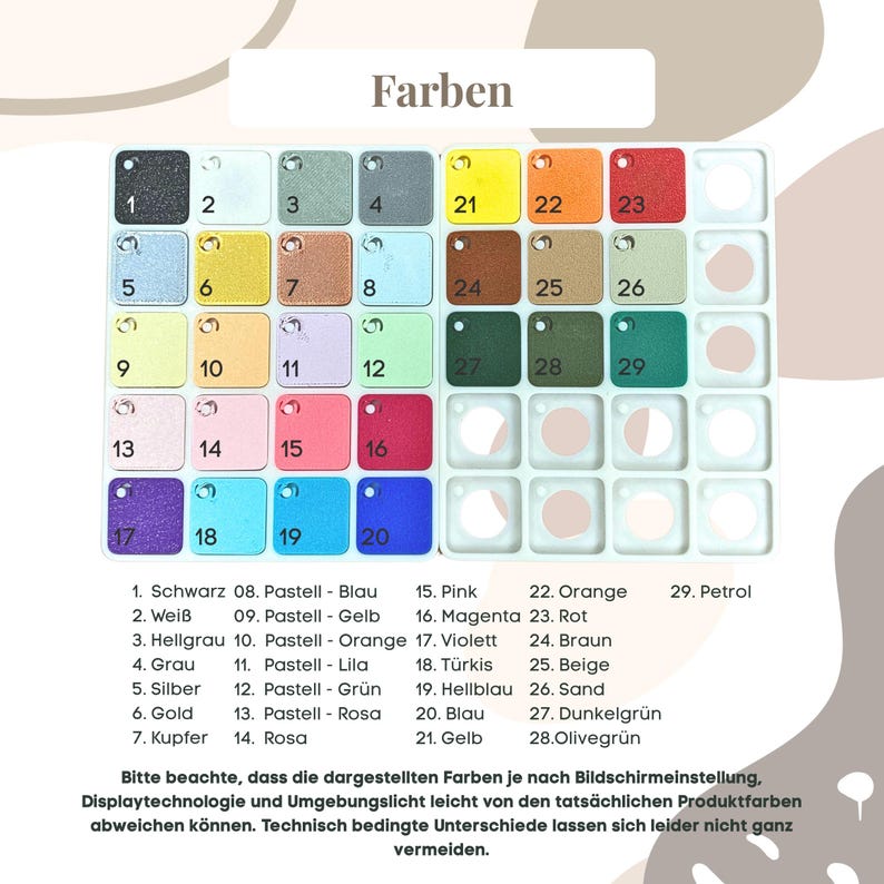 May include: A color chart labeled "Farben" with 29 color swatches in various shades, including black, white, gray, gold, and pink. The chart also includes text in German describing the colors and potential variations.