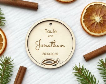 Taufschild Holz personalisiert – Erinnerung Taufe mit Name & Datum – Geschenkidee für Paten und Familie – Christliches Symbol Ichthys Fisch