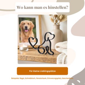 May include: A black metal dog silhouette with a heart-shaped tail sits on a wooden shelf. A framed photo of a golden retriever, a lit candle, and a vase with dried flowers are in the background. Text reads, "Where can you put it?" and "For small favorite places."