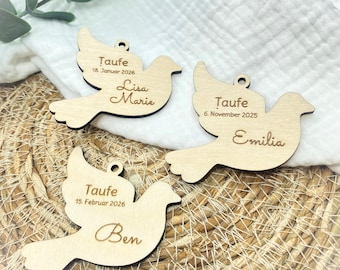 Personalisierte Taube aus Holz – Anhänger zur Taufe, Kommunion oder Konfirmation mit Name & Datum – Erinnerungsgeschenk handmade