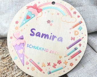Schultüten Anhänger personalisiert aus Holz Beige zur Einschulung Schulkind 2026 mit Name, Geschenkidee Mädchen
