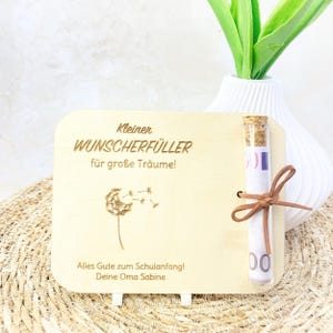 Geldgeschenk Wunscherfüller Holz personalisiert – Wunschkarte mit Reagenzglas & Gravur – Geschenk zur Einschulung, Geburtstag, Dankeschön
