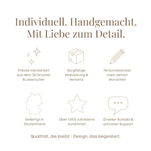 May include: White background with text in brown, including "Individuell. Handgemacht. Mit Liebe zum Detail." and icons representing craftsmanship, packaging, personalization, German manufacturing, customer satisfaction, and support.