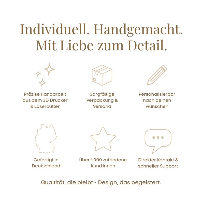 May include: White background with text in brown, including "Individuell. Handgemacht. Mit Liebe zum Detail." and icons representing craftsmanship, packaging, personalization, German manufacturing, customer satisfaction, and support.