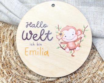 Hallo Welt Schild personalisierbar mit Namen, Baby Geburt Geschenk, Holzschild Neugeborene, Kinderzimmer Dekoration, Kindergeburtstag