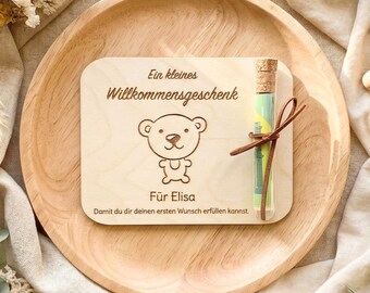 Money gift baptism birth – wooden card with test tube – personalized with baby name – gift for baby shower, memory, gift idea