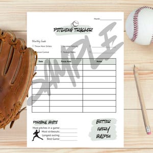 May include: A white paper pitching tracker form with black text and lines. The header reads Pitching Tracker with a baseball graphic. Sections include Monthly Goals, a table for Date, Focus Area, and Notes, and a Personal Bests section.