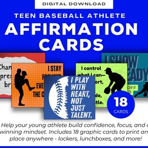 Pode incluir: Um conjunto de 18 cartões de afirmação digitais para atletas de basebol com silhuetas de jogadores, gráficos de basebol e texto motivacional, incluindo I PLAY WITH HEART, NOT JUST TALENT, I STAY FOCUSED e I control what I can.
