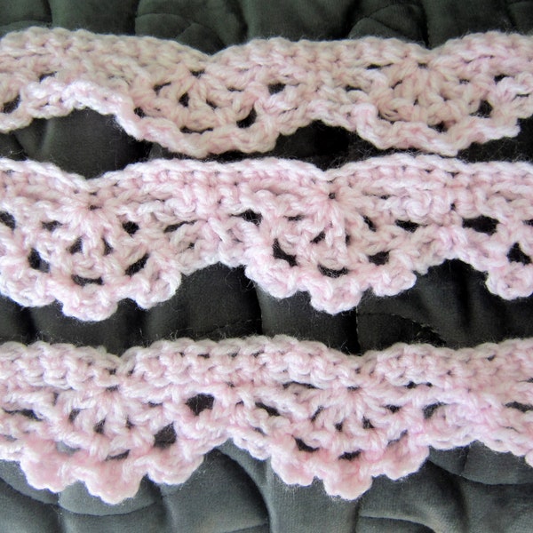 Red, cream, pink, braid, trimming, border, edging. Crochet. Made to order by the metre. Embellishment, applique. Lots more colours.