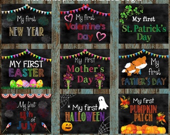 Printable Baby's First Year Holidays Chalkboard Signs My First Year Holidays Signs Digital First Chalkboard Photo Prop Signs Milestone signs