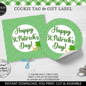 Instant Download Happy St. Patrick's Day Cookie Tag, Green Shamrock Good Luck Clover Printable Tag, Happy St. Patrick's Day Favor Tag, SPT