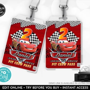 Editable Race Cars Pit Crew Pass Holder Cars VIP Passes Race Cars Birthday Party Favor Tags Cars Party Supplies Printable Corjl Template DCR