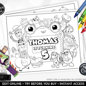 Op de afbeelding: Een printbare kleurplaat met zwart-wit lijntekeningen van diverse geanimeerde speelgoedfiguren rondom een centraal kader met de tekst Thomas is turning 5. Vier gekleurde kleurpotloden bevinden zich in de rechterbovenhoek.