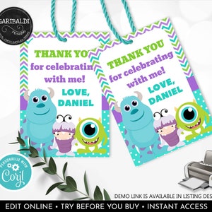 May include: Two printable thank you tags featuring the characters from the movie Monsters Inc. The tags are purple, green, and blue with white polka dots. The text on the tags reads "Thank you for celebrating with me! Love, Daniel".