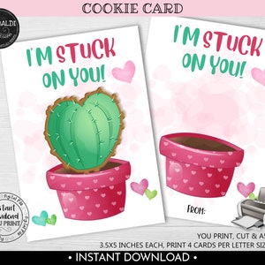 Valentine's Day Cookie Card, Stuck On You Cactus Cookie Card, Instant download Succulent Cookie Tag, Printable Cactus Mini Cookie Card VL