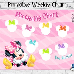 Puede incluir: Tabla semanal imprimible rosa y blanca con un dibujo animado de Minnie Mouse con el texto "My Weekly Chart" y "You did it!!!".