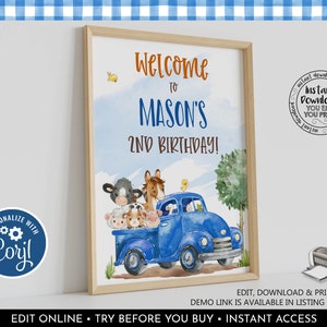 Editable Blue Truck Welcome Sign, Printable Farm Animals Birthday Party Sign, Boy Barnyard Animals Welcome Sign, Farm Baby Shower Sign 1 LBT