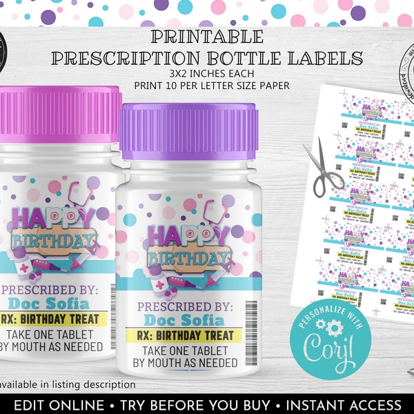 Editable Doctor Prescription Bottle Labels Instant download Doc Birthday Party Favor Tags Doctor Birthday Party Decorations Supplies DMS