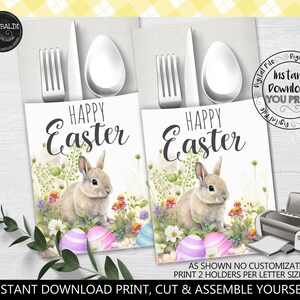 May include: Printable Easter table setting place card with a bunny rabbit, flowers, and eggs. The text says "Happy Easter".