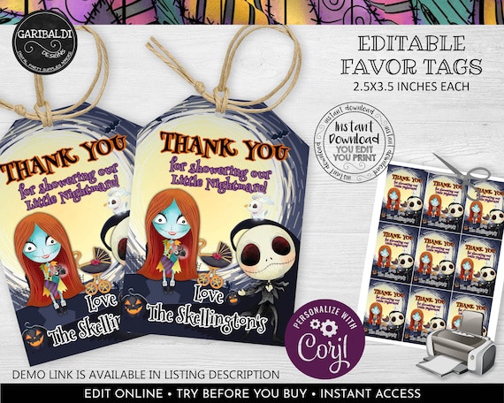 Baby Shower Favor Tags Nightmare Before Christmas Baby Shower Thank you Tags Editable Gift Tags Instant Download Favor Tags HW NBCH