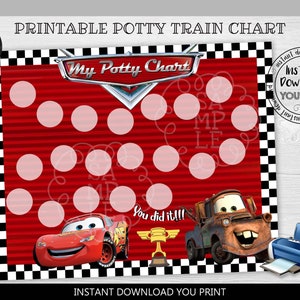 Peut inclure: Tableau d'apprentissage de la propreté imprimable avec une voiture rouge et une dépanneuse du film Cars. Le tableau a un fond rouge avec des rayures blanches et 15 cercles pour des autocollants. Le texte "My Potty Chart" est en haut du tableau. Le texte "You did it!!!" est en bas du tableau.