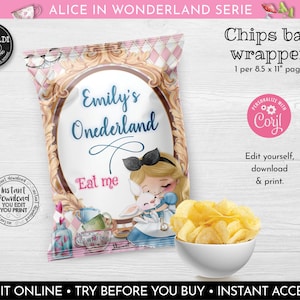 Editable Alice in Wonderland Chip Bag Wrapper Instant download Alice in Onederland Potato Chip bag Template Wonderland Party Favors AWL