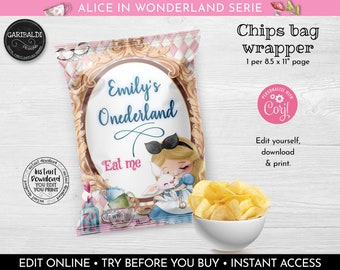 May include: A printable chip bag wrapper featuring Alice in Wonderland themed graphics. The wrapper is pink and white with a gold frame and says "Emily's Onederland" and "Eat Me". The wrapper is 8.5 inches by 11 inches.