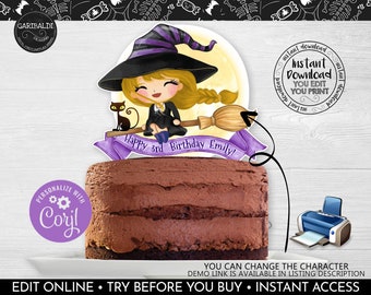 Editable Witch Cake Topper Printable Halloween Witch Birthday Decorations Witch Centerpiece FaBOOlous Witch Birthday Witch Party Supplies HW