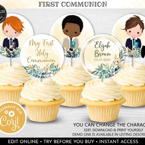 Editable First Communion Cupcake Toppers, Printable First Communion Table Decorations, Boy First Holy Communion Party Supplies FC