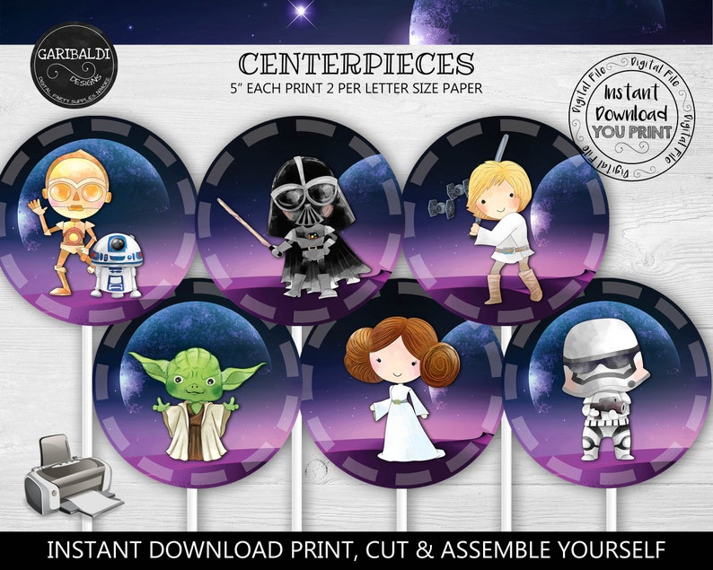 Instant Download Space Wars Centerpieces, Printable Outer Space Party Decorations, Star Wars Birthday Party Supplies, Space Cake Topper SW image 1