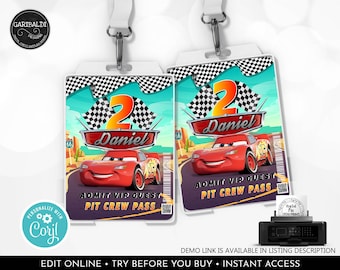 Editable Race Cars Pit Crew Pass Holder VIP Passes Radiator Springs Birthday Party Favors Cars Party Supplies Printable Corjl Template DCR