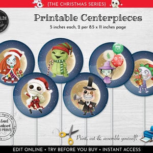 Pu&ograve; includere: Cinque centri tavola rotondi stampabili da 12,7 cm di diametro con personaggi di The Nightmare Before Christmas. I personaggi sono Jack Skellington, Sally, Oogie Boogie, Zero e il Grinch. I centri tavola sono stampati su uno sfondo blu con una luna gialla.