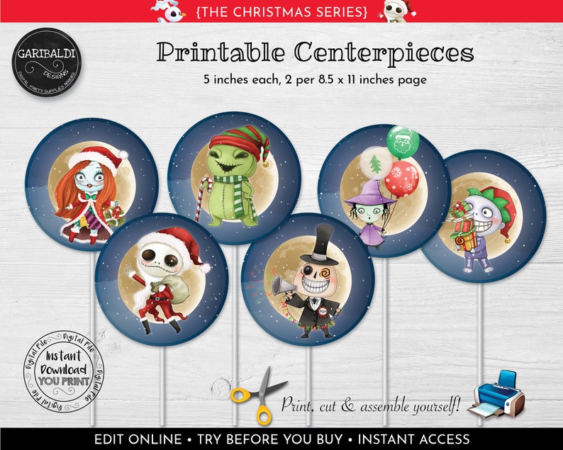 Pu&ograve; includere: Cinque centri tavola rotondi stampabili da 12,7 cm di diametro con personaggi di The Nightmare Before Christmas. I personaggi sono Jack Skellington, Sally, Oogie Boogie, Zero e il Grinch. I centri tavola sono stampati su uno sfondo blu con una luna gialla.