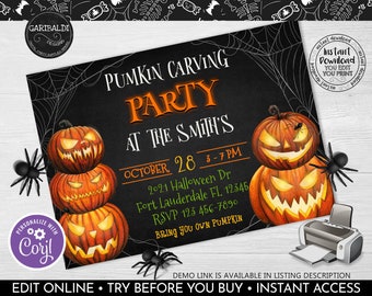 Editable Pumpkin Carving Party Invitation Halloween Party Invite Jack O' Lantern Fall Printable Digital Download Invitation Template 3 HW