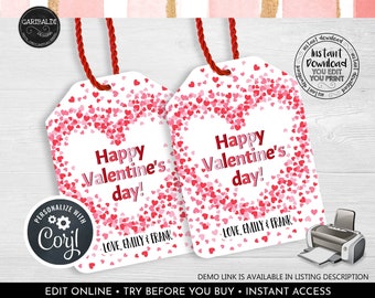 May include: Two printable Valentine's Day gift tags featuring a heart shape made of pink and red hearts. The text on the tags reads "Happy Valentine's Day!" and "Love, Emily & Frank".