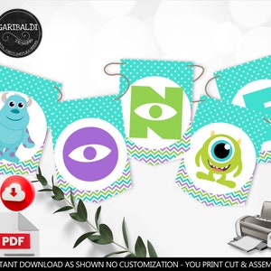 May include: Printable banner for a first birthday party with a Monsters Inc. theme. The banner features the letters "ONE" with a green, purple, and blue monster eye design. The banner also includes images of Mike and Sully from the movie.