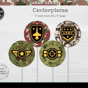 May include: Four 5-inch round printable centerpieces with a camouflage pattern. The centerpieces feature military-themed designs, including a plane, a star, a target, and the word "ARMY".