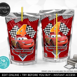 Editable Race Car Juice Pouch Labels Cars Birthday Party Supplies Racing Car Table Decor Cars Favors Printable Digital Download Corjl DCR